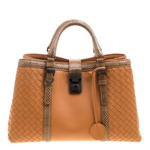 Pre Owned Bottega Veneta Orange Intrecciato Leather Python Trimmed Small Roma Tote
