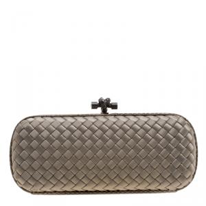 Pre Owned Bottega Veneta Dark Beige Intrecciato Satin and Python Trim Knot Clutch