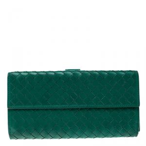 Pre Owned Bottega Veneta Green Intrecciato Leather Wallet