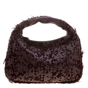 Pre Owned Bottega Veneta Burgundy Leather Intrecciato Velvet Speckled Hobo 
