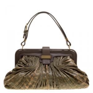 Pre Owned Bottega Veneta Green/Brown Lizard Limited Edition 033/200 Frame Satchel