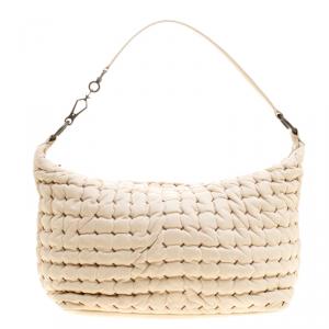 Pre Owned Bottega Veneta Off White Leather Paille Boutis Shoulder Bag