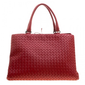 Pre Owned Bottega Veneta Red Intrecciato Leather Tote