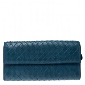 Pre Owned Bottega Veneta Blue Intrecciato Nappa Leather Continental Wallet