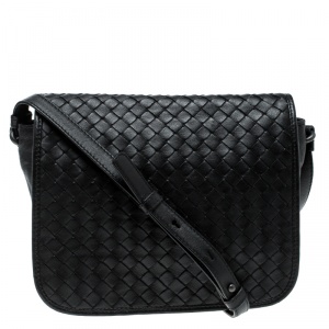 Pre Owned Bottega Veneta Black Intrecciato Leather Full Flap Crossbody Bag
