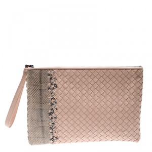 Pre Owned Bottega Veneta Blush Pink Intrecciato Leather and Snake Skin Clutch