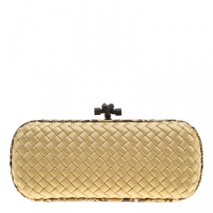 Pre Owned Bottega Veneta Beige Intrecciato Satin and Python Trim Knot Clutch