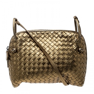 Pre Owned Bottega Veneta Gold Intrecciato Nappa Leather Crossbody Bag