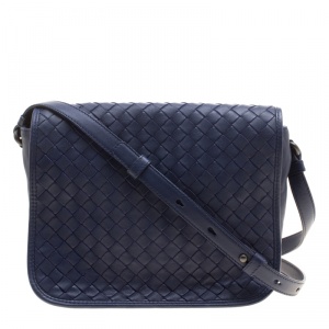 Pre Owned Bottega Veneta Indigo Intrecciato Leather Full Flap Crossbody Bag