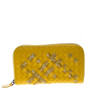 Pre Owned Bottega Veneta Yellow Intrecciato Nappa Leather Zip Wallet