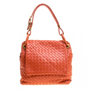 Pre Owned Bottega Veneta Orange Intrecciato Leather Flap Shoulder Bag