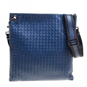 Pre Owned Bottega Veneta Blue Intrecciato Leather Crossbody Bag