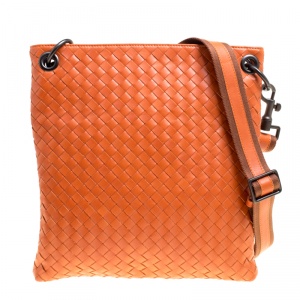 Pre Owned Bottega Veneta Orange Intrecciato Leather Crossbody Bag