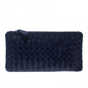 Pre Owned Bottega Veneta Blue Intrecciato Leather Pouch