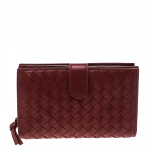 Pre Owned Bottega Veneta Red Nappa Leather Tourmaline Intrecciato Continental Wallet