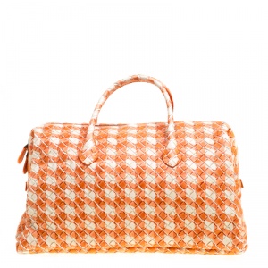 Pre Owned Bottega Veneta Orange/White Printed Intrecciato Leather Satchel