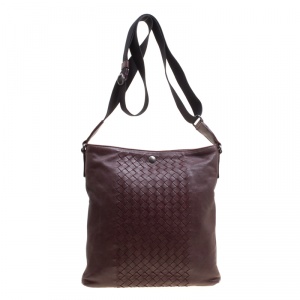 Pre Owned Bottega Veneta Burgundy Intrecciato Leather Crossbody Bag