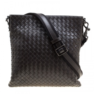 Pre Owned Bottega Veneta Dark Brown Intrecciato Leather Crossbody Bag