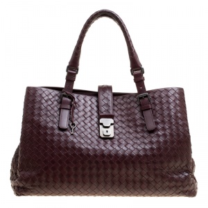Pre Owned Bottega Veneta Burgundy Intrecciato Leather Roma Tote