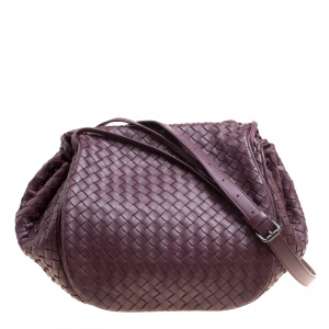 Pre Owned Bottega Veneta Burgundy Intrecciato Leather Drawstring Flap Crossbody Bag