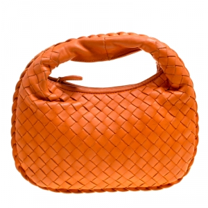 Pre Owned Bottega Veneta Orange Intrecciato Leather Mini Hobo