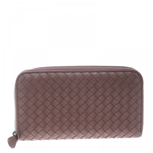 Pre Owned Bottega Veneta Grape Intrecciato Nappa Leather Zip Wallet