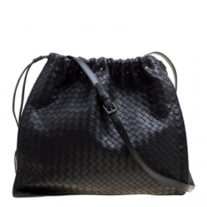 Pre Owned Bottega Veneta Black Intrecciato Nappa Leather Drawstring Shoulder Bag