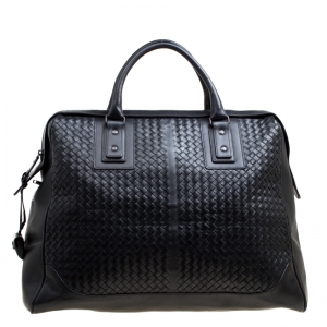 Pre Owned Bottega Veneta Black Intrecciato Leather Weekender Bag
