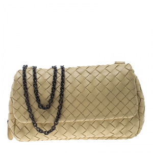 Pre Owned Bottega Veneta Beige Intrecciato Leather Expandable Chain Crossbody Bag