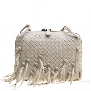 Pre Owned Bottega Veneta Light Beige Intrecciato Leather Fringe Nodini Shoulder Bag