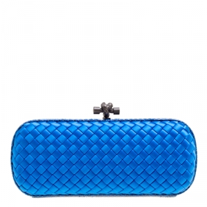 Pre Owned Bottega Veneta Metallic Blue Intrecciato Silk Stretch Knot Clutch