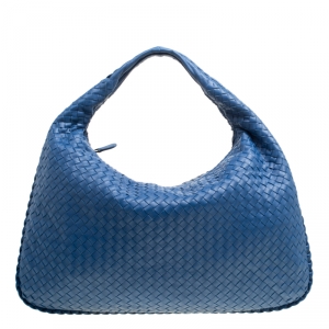 Pre Owned Bottega Veneta Blue Intrecciato Leather Veneta Hobo