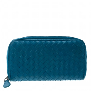 Pre Owned Bottega Veneta Blue Intrecciato Leather Zip Around Long Wallet