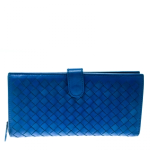 Pre Owned Bottega Veneta Blue Intrecciato Leather Continental Wallet