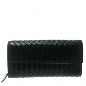 Pre Owned Bottega Veneta Black Intrecciato Leather Continental Wallet