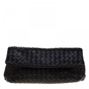 Pre Owned Bottega Veneta Black Intrecciato Leather Flap Clutch