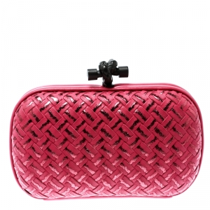 Pre Owned Bottega Veneta Pink Embroidered Intrecciato Leather Knot Clutch