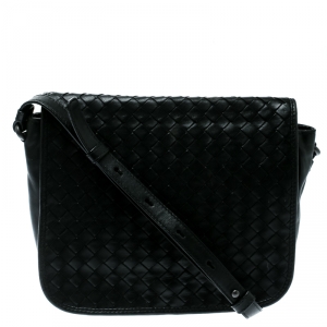 Pre Owned Bottega Veneta Black Intrecciato Leather Full Flap Crossbody Bag
