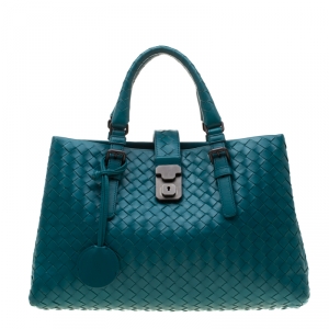 Pre Owned Bottega Veneta Turquoise Intrecciato Leather Small Roma Tote