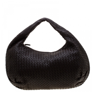 Pre Owned Bottega Veneta Dark Brown Intrecciato Leather Large Veneta Hobo