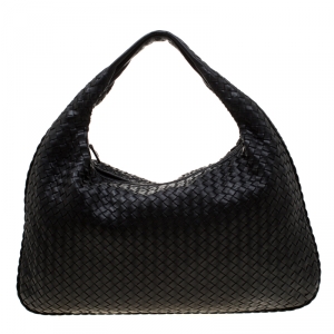 Pre Owned Bottega Veneta Black Intrecciato Leather Maxi Veneta Hobo