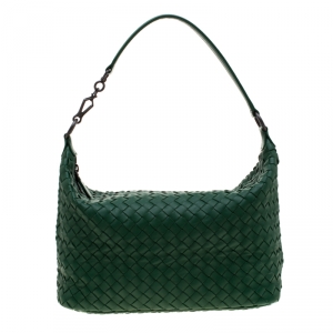 Pre Owned Bottega Veneta Green Interciato Leather Small Zip Hobo