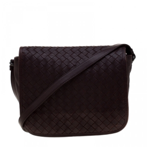 Pre Owned Bottega Veneta Dark Burgundy Intrecciato Leather Crossbody Bag