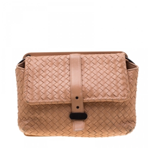 Pre Owned Bottega Veneta Pale Orange Intrecciato Leather Double Sided Flap Shoulder Bag