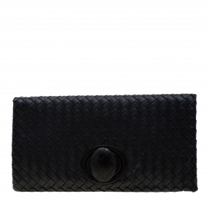 Pre Owned Bottega Veneta Black Intrecciato Leather Twist Lock Clutch