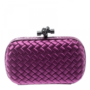 Pre Owned Bottega Veneta Purple Intrecciato Satin and Python Trim Knot Clutch