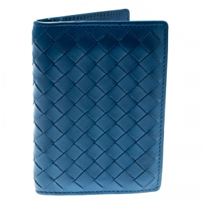 Pre Owned Bottega Veneta Blue Intrecciato Leather Bifold Card Case