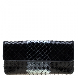 Pre Owned Bottega Veneta Black/Metallic Intrecciato Leather Flap Clutch