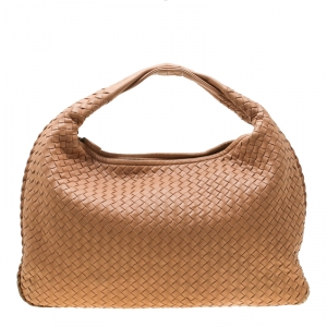 Pre Owned Bottega Veneta Peach Nappa Leather Intrecciato Large Veneta Hobo