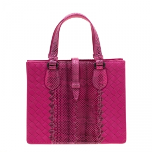 Pre Owned Bottega Veneta Pink Intrecciato Leather and Python Tote